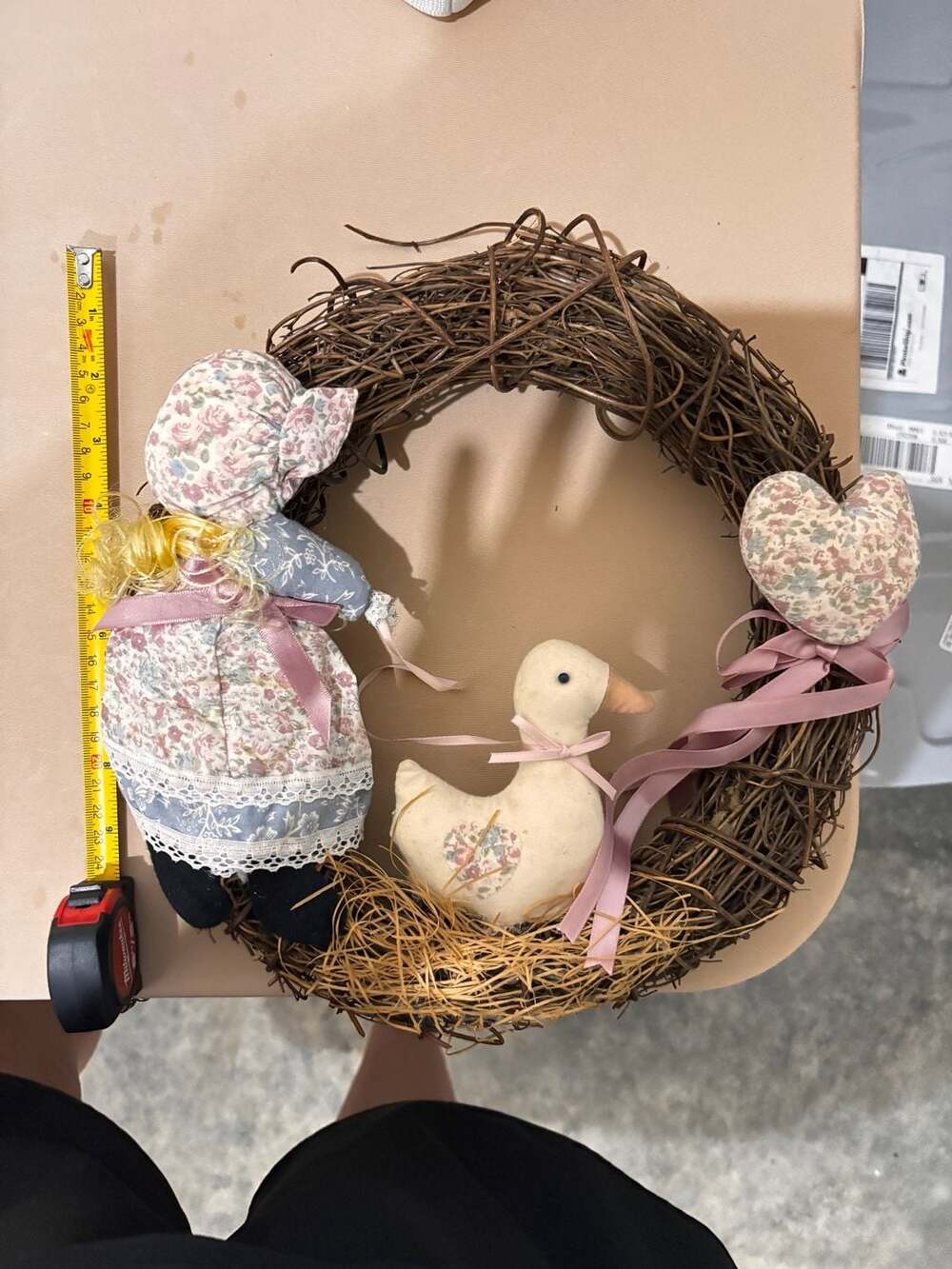 Handmade Primitive Country Vine Wreath With Duck Doll And Heart
